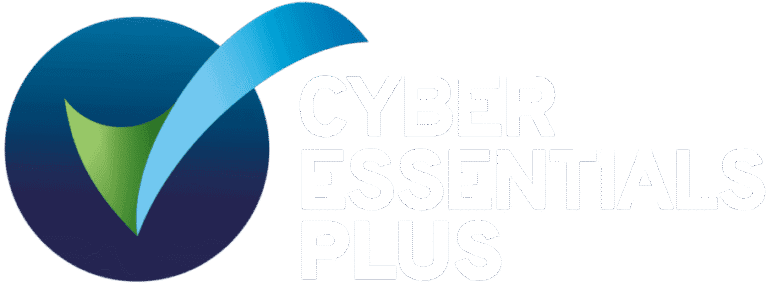 Cyber Essentials Plus logo featuring a blue and green check mark inside a dark blue circle, with the text Cyber Essentials Plus in white to the right.
