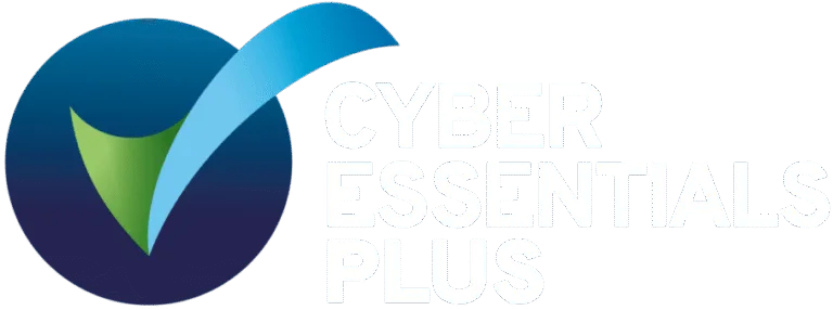 Cyber Essentials Plus logo featuring a blue and green check mark inside a dark blue circle, with the text Cyber Essentials Plus in white to the right.