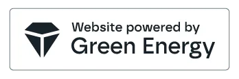 A badge with a black geometric icon and the text Website powered by Green Energy on a white background—ideal for modern website design or any digital agency UK looking to showcase their commitment to sustainability.