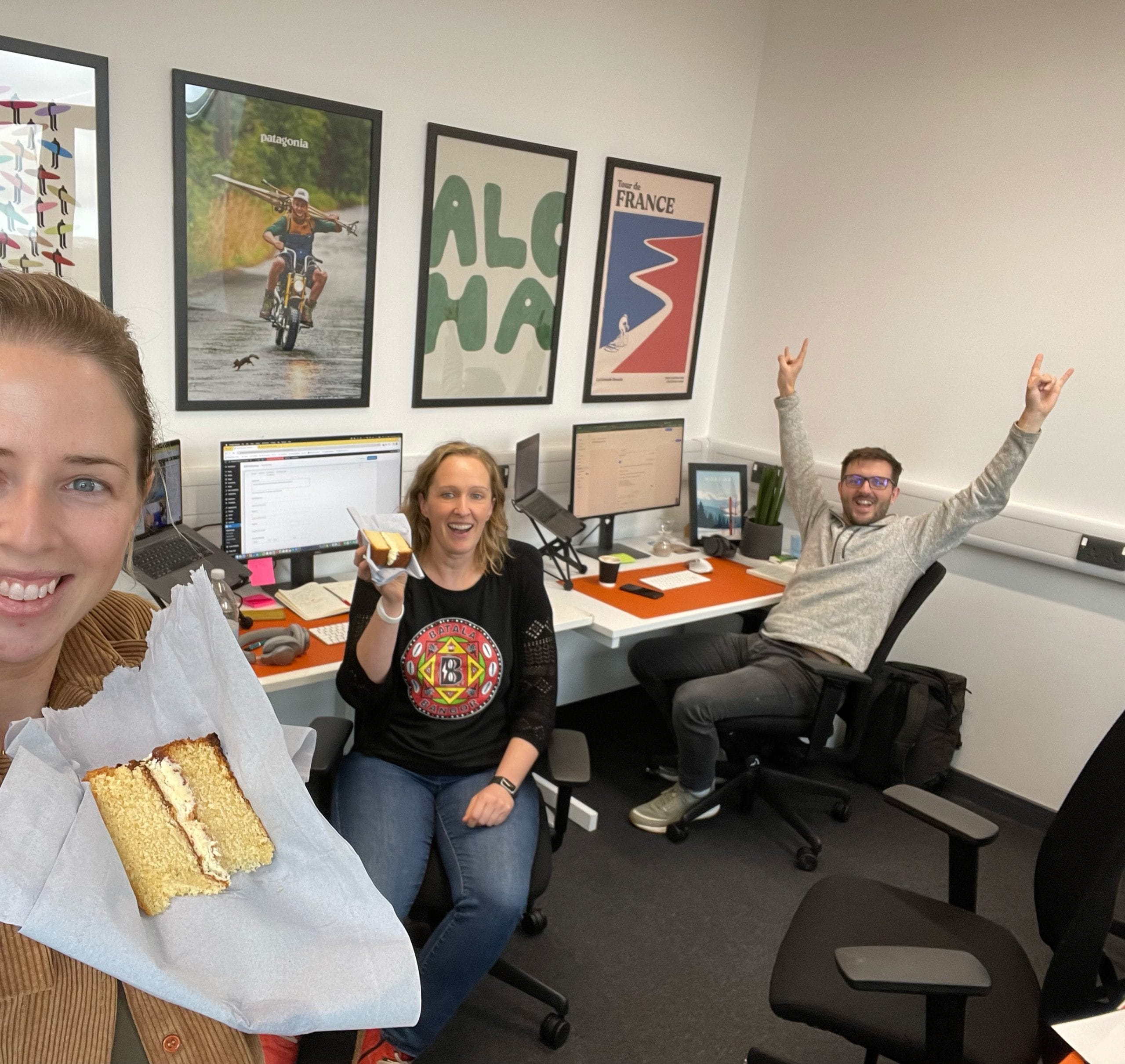 Cat, Emma and Olu eating cake at Tropic Studio