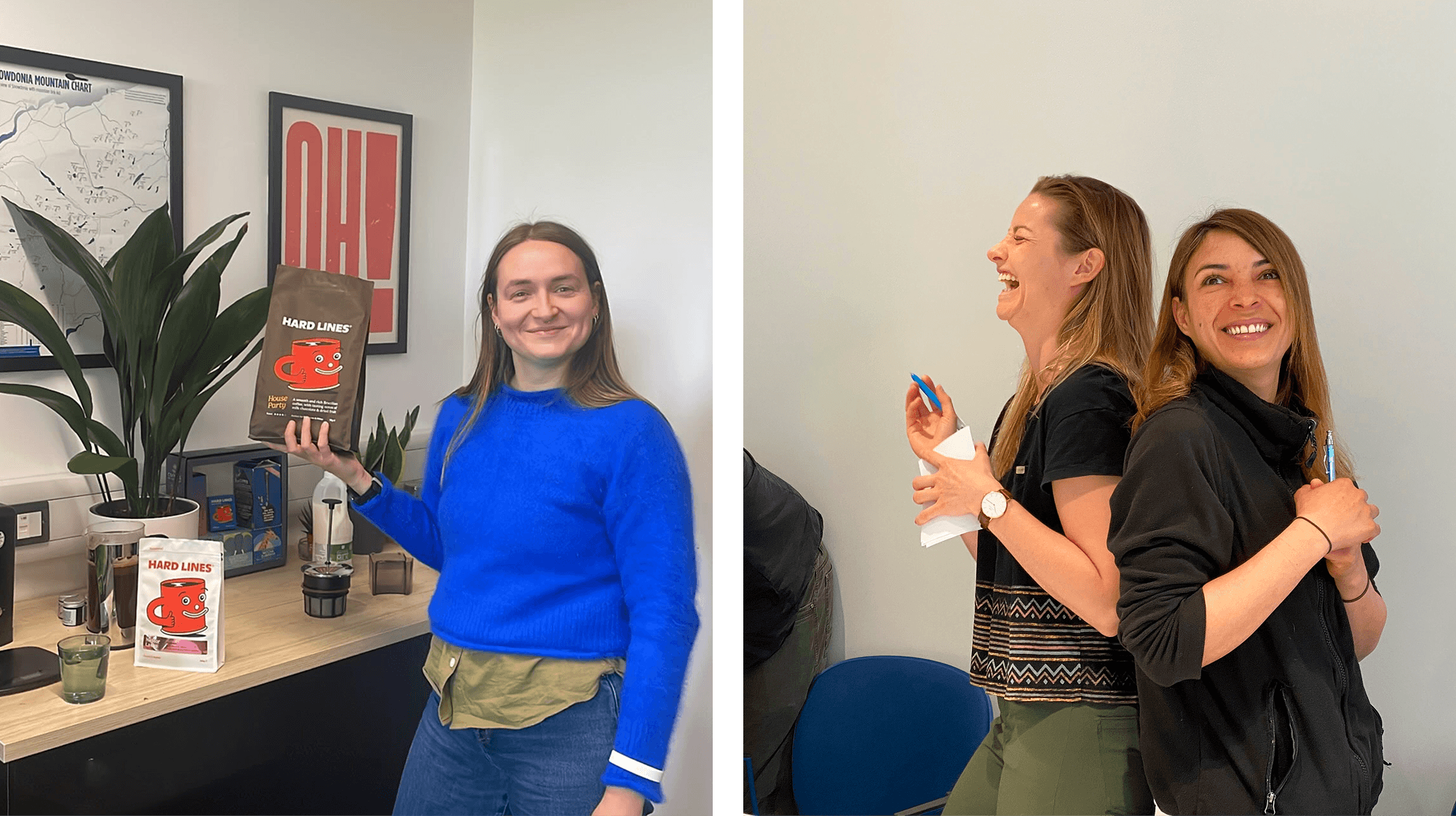 Lucy holding Hardlines cofee, and Tritonia team at a Tropic workshop