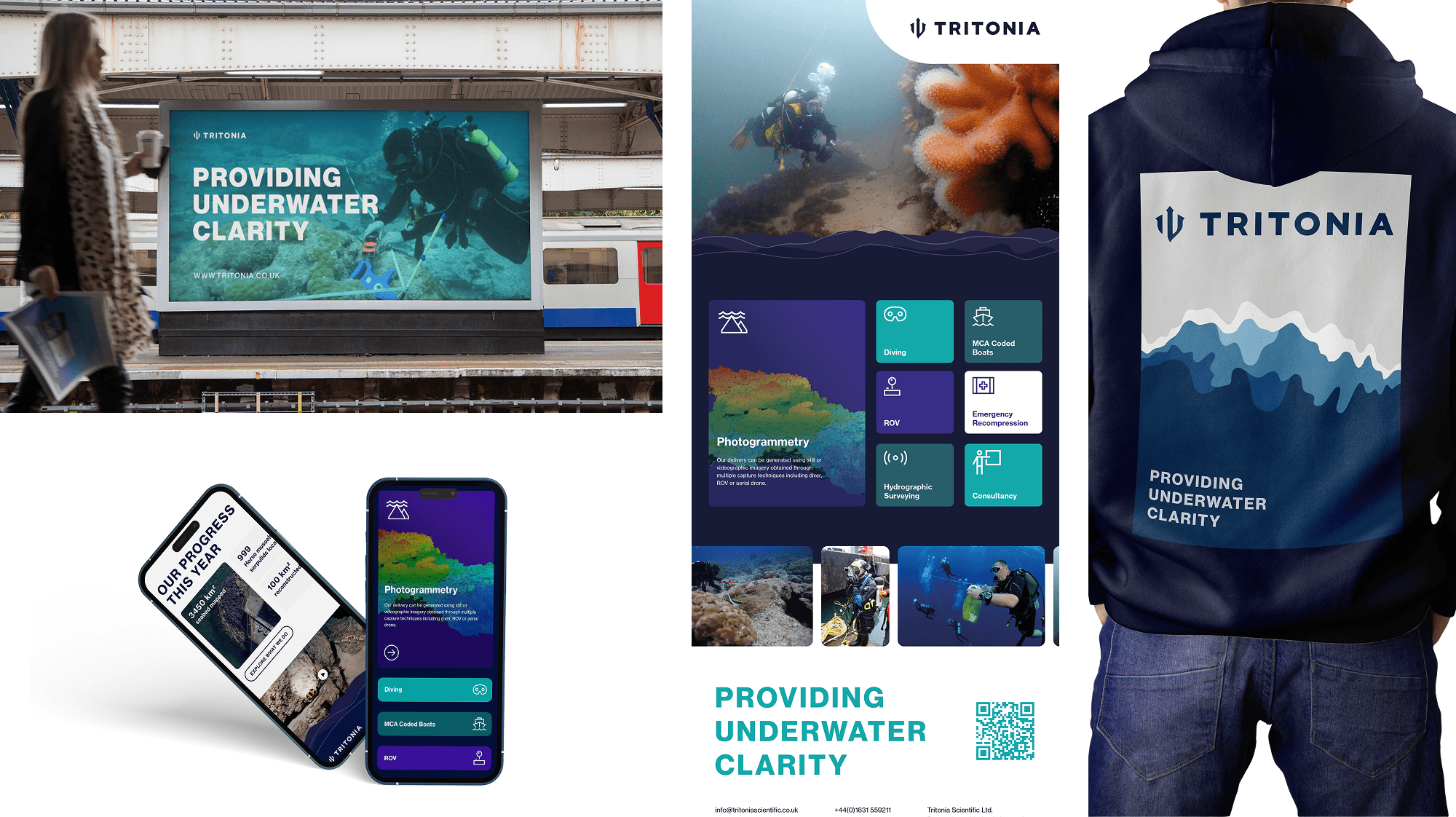 A collage shows Tritonia rebranding on a billboard, phone screens, a flyer, a hoodie, and a digital interface—all featuring underwater imagery and the phrase Providing Underwater Clarity from this leading digital agency UK.